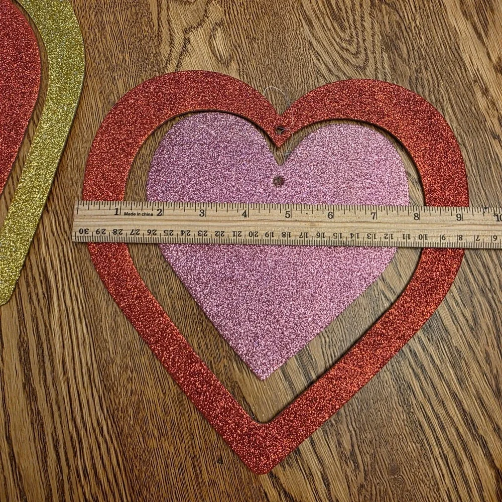 Vintage 90s 2 Glitter Hanging Hearts Valentines Day Decor Red Gold Pink‎ 10x11in